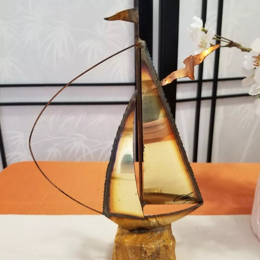 Vintage John DeMott Copper Sailboat Rock/Quartz Base Nautical Boat - Signed
